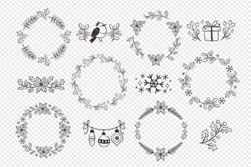 Winter doodle decorative arrangements. Collection of wreath and cute dividers isolated on light background. Seasonal floral decoration. Vector illustration.