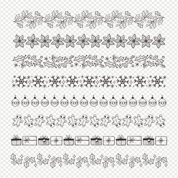 Winter floral decorative border collection. Seamless borders with christmas twigs, seasonal flowers and objects. Doodle isolated elements. Vector illustration.