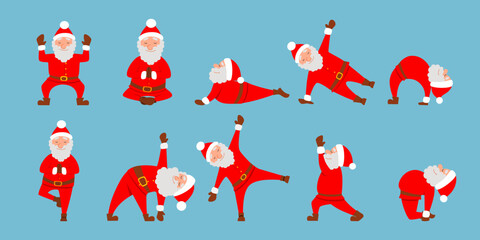 A scene with a fat Santa Claus doing yoga. A healthy Christmas character in different poses. Vector illustration in a flat style, isolated on a white background.