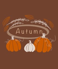 autumn illustration, three decorative pumpkins,  leaves fly around, on a brown background, in the middle the inscription "autumn", the concept of autumn