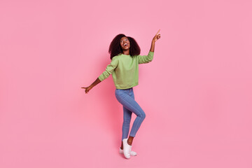 Fototapeta na wymiar Full length photo of positive satisfied person enjoy free time partying isolated on pink color background