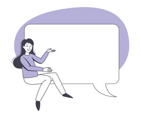 Communication Speech Bubble with Woman Character Sitting Near It Vector Illustration