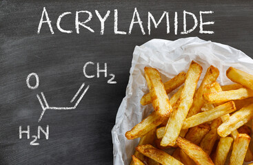 Acrylamide in food. Potato fries and chemical formula of acrylamide.