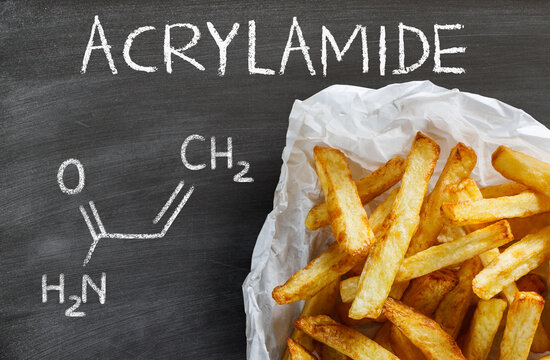 Acrylamide in food. Potato fries and chemical formula of acrylamide.