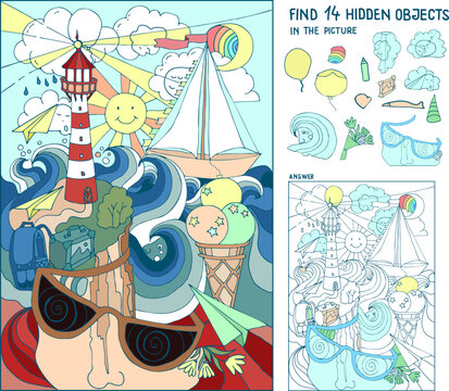 Find  hidden objects. Marine picture. Lighthouse, shore, sea. Find the hidden rainbow, 5 people faces, 2 balloon, heart, pencil, fish, birthday hat, flower bouquet, picture with mountains. Worksheet.