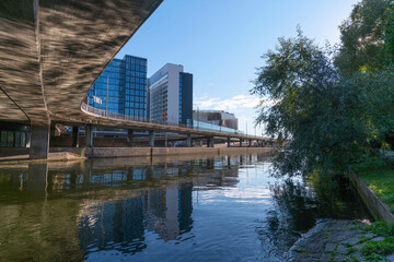 Fototapeta premium The Stockholm Waterfront Congress Centre at the stream Karlbergskanalen a sunny autumn day in Stockholm