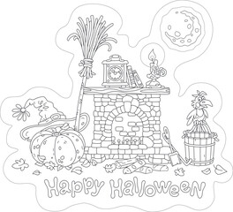 Fireplace with an old clock and a burning candle on a mantelpiece, a big pumpkin, a hat, a flying broom and other magical things of a Halloween witch, black and white greeting card