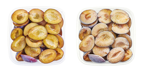 Plastic container with halves of raw and frozen plums. Top view of fruits isolated on white background. Preparing vegetables for freezing. Storage for winter storage in trays