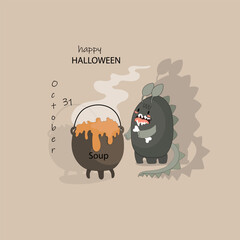 Monster cooks mystical soup for halloween, happy halloween lettering.  For the Halloween holiday, postcards, cards, banners, stickers, posters, prints on clothes, decoration of cafes, shops.