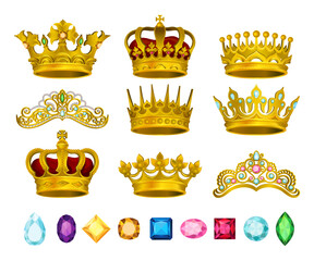 Golden Crown with Incrusted Precious Stone and Gems Big Vector Set