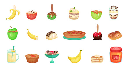 Sweet Desserts with Baked Pie, Stuffed Apple, Banana Fruit and Pudding Vector Set