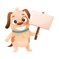Cute Dog with Collar Holding Empty Banner or Signboard on Pole Vector Illustration