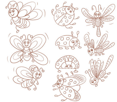 
Insect butterfly ladybug and dragonfly doodle sketch coloring book for kids cute cartoon funny characters hand drawn nature emotion