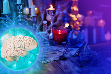 magic session, dollar banknotes, money on esoteric table, divination with magic ball, human brain...