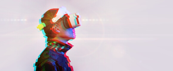 Man is using virtual reality headset. Concept of virtual, augmented and extended reality and metaverse.