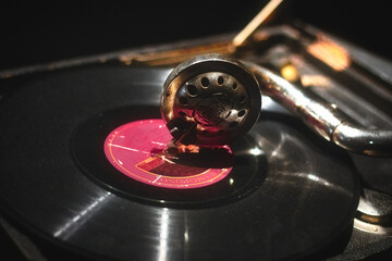 Close-up of a gramophone needle playing a vinyl music record © TenWit
