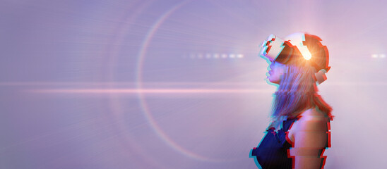 Woman is using virtual reality headset. Concept of virtual, augmented and extended reality and metaverse.