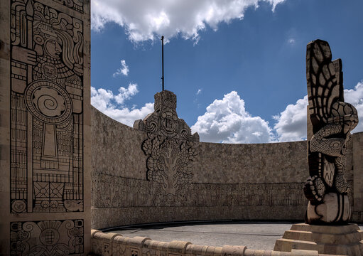 Traffic circle sculpture monumento a la patria in Merida city Mexico. Hand carved to honor the mayan heritage of Mexican indigenous people. 