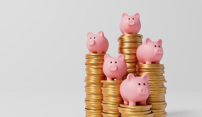 Pink piggy bank money box with a stack of gold coins. 3D Rendering