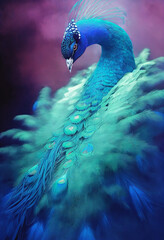 Illustration of a beautiful blue and green feathered peacock.