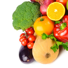 Composition of fruits and vegetables isolated on white . Free space for text.