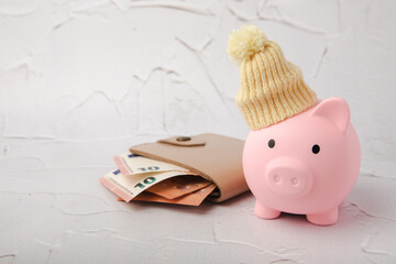 Savings concept. Piggy bank and money on gray texture background. A piggy bank in a warm winter hat...