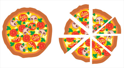 Slicing round pizza into portions. Vector drawing.
Pizza with smoked salami sausage, mushrooms champignons, vegetables tomatoes,
cheese, mayonnaise and parsley. A slice of pizza.