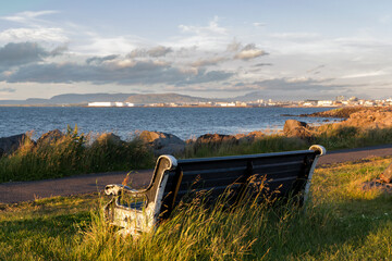 bench in front the ocean coast of reykjavik in sunset