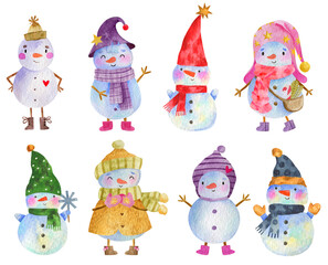 Watercolor Christmas collection - cute snowman in different hats and clothes. Watercolor merry christmas and happy new year illustration.