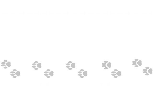 Dog, Cat footprint animation. Pet paw. Prints on the floor, mud, snow. From right end left. Loop walk loop animated, graphic motion. Leaving wet, dry bare foot. White background. 2D footage video