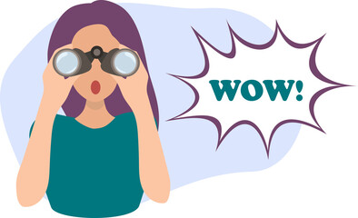 very surprised or impressed woman seeing something through binoculars, with the word wow written in a bullet