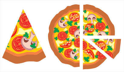Slicing round pizza into portions. Vector drawing.
Pizza with smoked salami sausage, mushrooms champignons, vegetables tomatoes,
cheese, mayonnaise and parsley. A slice of pizza.
