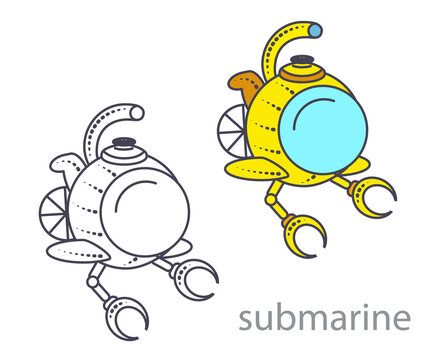 Yellow submarine, bathyscaphe and submarine outline for coloring with periscope on White background. Colorful underwater sub in flat style. Vector illustration in a cartoon style.