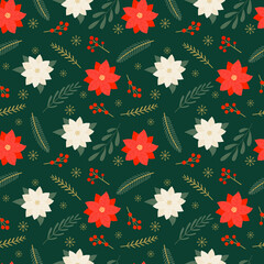 Seamless Christmas pattern with poinsettia flowers, branches, berries and snowflakes on a dark green background.