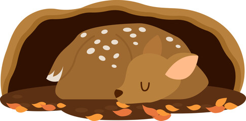 Sleeping fawn in the burrow. Vector illustration