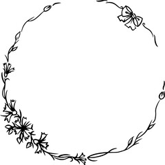 vector drawing, curly wreath of flowers and branches with leaves