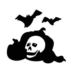 Autumn holiday Halloween. Silhouettes of pumpkins and bats. Smiling skull is not a background of pumpkins. An ominous holiday with tricks and treats. Illustration in cartoon style.