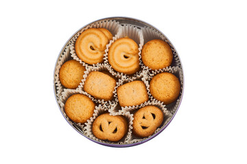 Traditional Danish cookies in a circular metal box