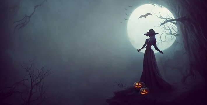 A witch against the full moon Halloween background.