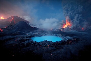 An illustration of the blue volcano in Indonesia, Kawah Ijen Volcano, Sulfuric Gas. - obrazy, fototapety, plakaty