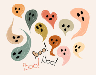 Halloween ghosts boho set in different shapes, colors and sizes with lettering Boo All elements are isolated Muted colors flat doodle style vector illustration © ugguggu