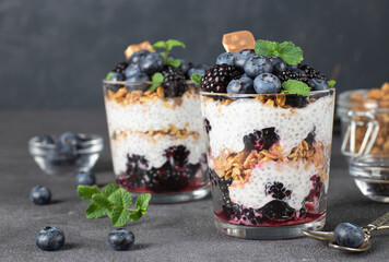 Chia pudding with blueberry and blackberry in two glass on gray background, Concept of healthy eating, fitness menu
