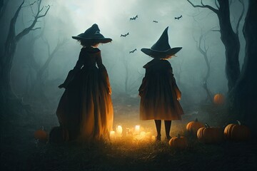Two witches perform a magic ritual on Halloween. - obrazy, fototapety, plakaty