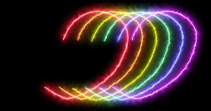 Animation of drawing colored hearts with burning colored lines on a black background. Six hearts of LGBT colors.