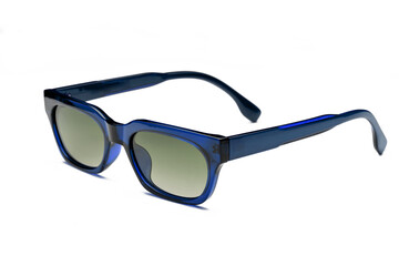Side view photo of blue colored polarized sunglasses for ecommerce isolated on white background