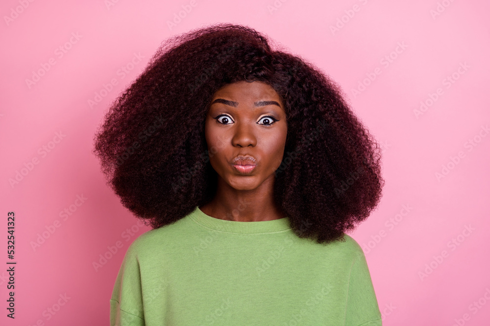 Poster Photo of romantic big hairdo brunette lady blow kiss wear green sweatshirt isolated on pink color background