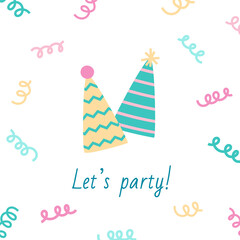 Cute Happy Birthday card with colorful festive hats and serpentine. Flat style vector illustration