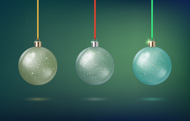 Realistic glass transparent hanging Christmas balls with golden stars confetti.