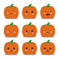 A set of cute Halloween pumpkins with funny faces, funny, scary, gloomy, frightening. Orange pumpkins with muzzles, kawaii emotions