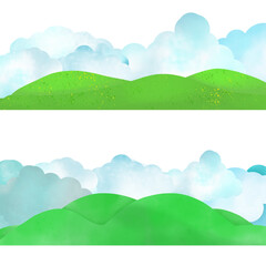 Obraz premium A set of elements for design. Green hills and clouds. Illustration